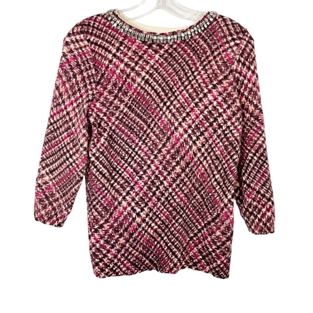 Talbots Pure Cashmere Houndstooth‎ Plaid Sweater Jewel Embellished Size MP